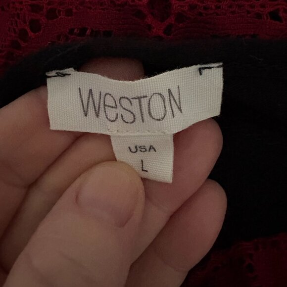 Anthropologie Weston burgundy red lace fit flare dress gold belt women's large - Picture 3 of 5